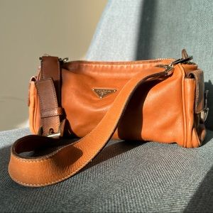 RARE authentic PRADA shoulder bag in brown burnt orange leather silver hardware